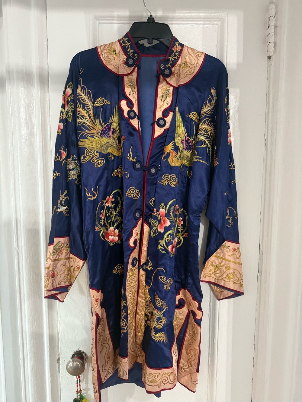 Vintage Embroidered Navy & Gold Satin Mandarin Coat